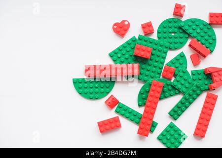 Russia, saint-petersburg, 02 august 2019, pile plastic toy blocks.Multicolored plastic building blocks of the designer. Children's constructors, cubes Stock Photo