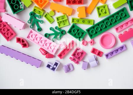 Lego mini figure. Lego is a popular game.construction toys manufactured by the Lego Group.colorful plastic blocks over white background. Plastic Stock Photo