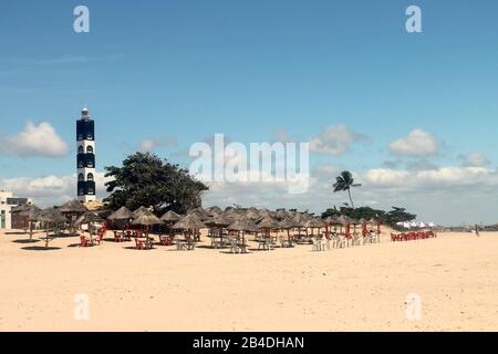 Beach Aracaju, Sergipe, Brazil. Lighthouse Atalaia, umbrella beach Stock Photo