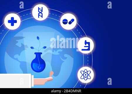 Science vector illustration. Hand of scientist with plant in flask and icon around the earth. Stock Vector