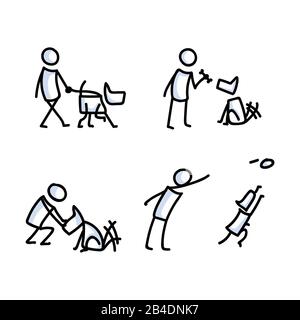 Cute stick figure dogs and owner set vector clipart. Bujo bullet journal style adorable cartoon puppy training to sit. Simple pet pooch care Stock Vector