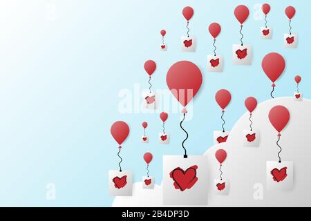 Group of red balloon and hand drawn heart doodle float in above cloud. Paper art vector illustration. Stock Vector