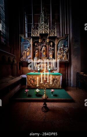 Altar of the Virgin Mary with superstructures from the 19th century, The High Cathedral St Martin of Mainz, Rhineland-Palatinate, Germany Stock Photo