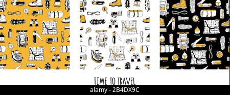 Set of vector seamless patterns in yellow, white, black colors with hand drawn isolated elements. Modern endless texture. Camping print. Backpack Stock Vector