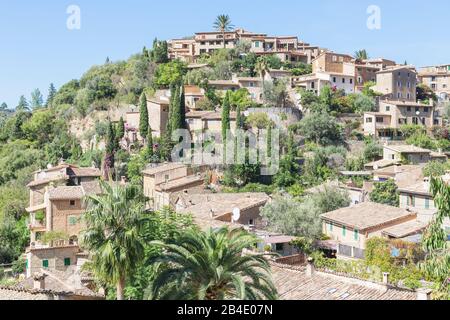 View of Deia village, Deia, Mallorca, Balearic Islands, Spain, Europe Stock Photo