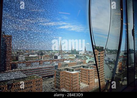 Europe, Germany, Hanseatic City of Hamburg, Elbe, Elbphilharmonie, Plaza, view over the city, designed windows, Stock Photo
