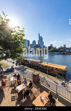 Germany, Hesse, Frankfurt, Main, Mainufer, Cafe, Restaurant, View to the Financial District, Banks Stock Photo