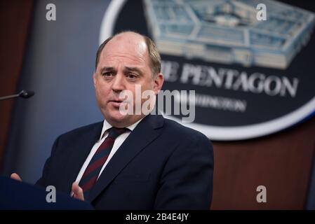 Arlington, United States Of America. 05th Mar, 2020. Arlington, United States of America. 05 March, 2020. British Defense Minister Ben Wallace during a joint press conference with U.S. Secretary of Defense Mark Esper, at the Pentagon March 5, 2020 in Arlington, Virginia. Credit: Lisa Ferdinando/DOD/Alamy Live News Stock Photo
