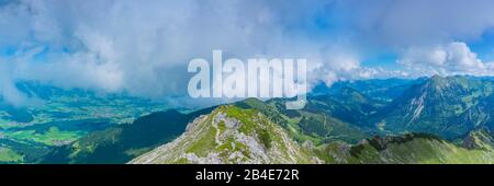 panorama from the Entschenkopf, 2043m, into the Illertal valley and the Retterschwanger valley, Allgäu, Bavaria, Germany, Europe Stock Photo