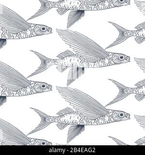 Exocoetidae or Flying fish hand drawing Stock Vector