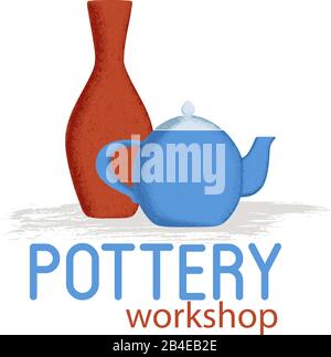 Blue teapot with textured shadow on white Stock Vector
