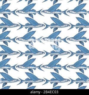 Exocoetidae or Flying fish hand drawing Stock Vector
