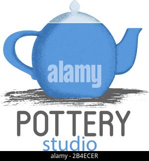 Blue teapot with textured shadow on white Stock Vector