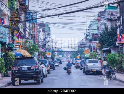 Laos, Vientiane, downtown traffic, dawn Stock Photo