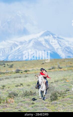Cowboy on horseback, Torres del Paine National Park, Chile Stock Photo