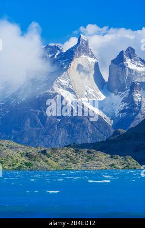 View of Horns of Paine mountains and Lake Pehoe, Torres del Paine National Park, Chile, South America Stock Photo