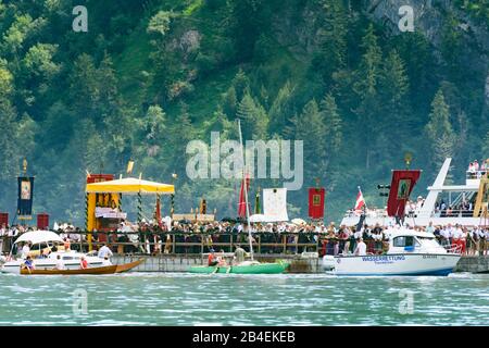 Traunkirchen, Fronleichnam (Corpus Christi) lake procession, boat, ship, sailship, lake Traunsee in Salzkammergut, Oberösterreich, Upper Austria, Austria Stock Photo