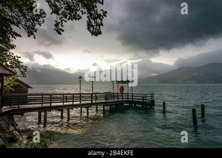 Steinbach am Attersee, lake Attersee, rain storm, jetty in Salzkammergut, Oberösterreich, Upper Austria, Austria Stock Photo