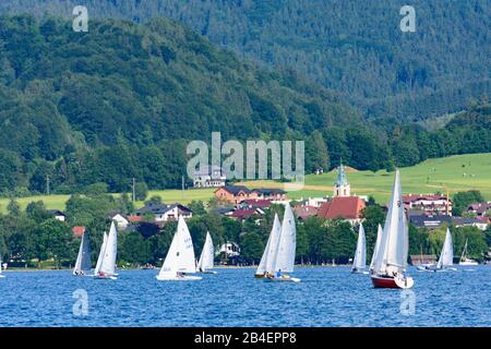 Weyregg am Attersee, lake Attersee, sailboats at regatta in Salzkammergut, Oberösterreich, Upper Austria, Austria Stock Photo