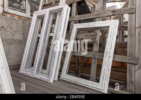 PVC Weiss profile for windows. Production of PVC windows (plastic windows) Stock Photo