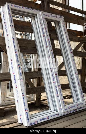 PVC Weiss profile for windows. Production of PVC windows (plastic windows) Stock Photo