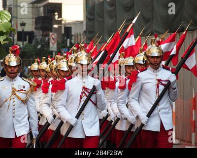 Honor guard of the Marshal Domingo Nieto Regiment in front of the Palace of Torre Tagle, headquarters of the Peruvian Foreign Ministry, during the funeral of Ambassador Javier Perez de Cuellar, former fifth Secretary General of the United Nations from January 1, 1982 to December 31, 1991 Perez de Cuellar died aged 100 on March 4th 2020 in Lima. Stock Photo