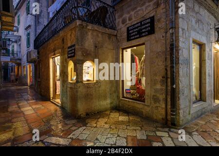 Old Town alley at night, Kotor, Montenegro Stock Photo