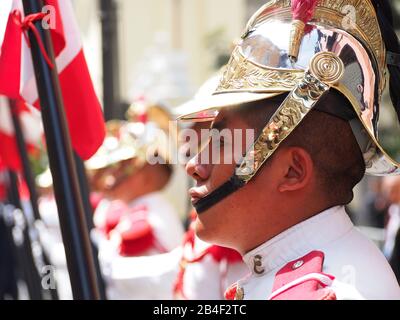 Honor guard of the Marshal Domingo Nieto Regiment in front of the Palace of Torre Tagle, headquarters of the Peruvian Foreign Ministry, during the funeral of Ambassador Javier Perez de Cuellar, former fifth Secretary General of the United Nations from January 1, 1982 to December 31, 1991 Perez de Cuellar died aged 100 on March 4th 2020 in Lima. Stock Photo