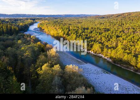 Isar, nature reserve Isarauen, between Geretsried and Wolfratshausen, aerial view, Upper Bavaria, Bavaria, Germany Stock Photo