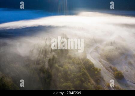 Fog over Isar, Upper Isar Valley between Vorderriß and Wallgau, Werdenfelser Land, aerial view, Upper Bavaria, Bavaria, Germany Stock Photo