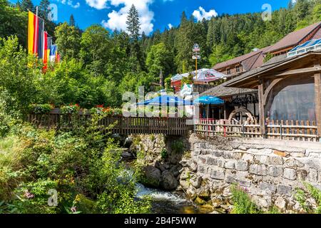 Garden cafe next to the entrance, Triberg Waterfalls, Triberg, Black Forest, Baden-Wurttemberg, Germany Stock Photo