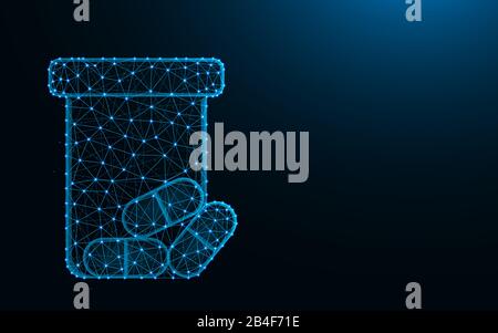 Pills in a jar made from points and lines on dark blue background, medical supplies wireframe mesh polygonal vector illustration Stock Vector