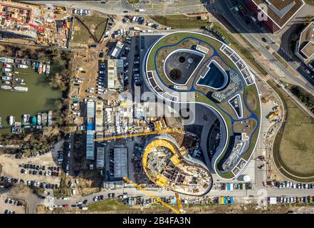 Aerial view, Trivago headquarters, construction site, in Dusseldorf Medienhafen, the new headquarters of the world's largest hotel search engine trivago, Kesselstrasse, Dusseldorf, Rhineland, North Rhine-Westphalia, Germany Stock Photo