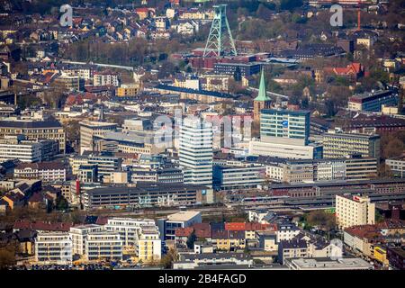 Aerial view of the skyline of Bochum with winding tower of the mining museum Bochum in Bochum in the Ruhr area in the federal state of North Rhine-Westphalia, Germany Stock Photo