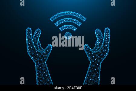 Hands and Wi-Fi made from points and lines on dark blue background, communication wireframe mesh polygonal vector illustration Stock Vector