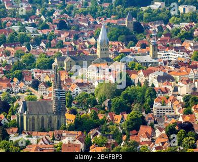 Aerial view from the south on Soest with the Protestant Kiche Sankt Maria to the meadow, the church of St. Petri Alde Kerke, Catholic church of St. Patrokli-Dom and Sankt Pauli church in Soest in the Soester Börde, North Rhine-Westphalia, Germany. Stock Photo