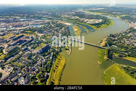 Aerial view of the Ruhr estuary into the Rhine near Ruhrort with the new logistics area of the Duisburg port, Duisport at the mouth of the Rhein-Herne canal in the Rhine in Duisburg in the Ruhr area in the federal state of North Rhine-Westphalia in Germany, Stock Photo