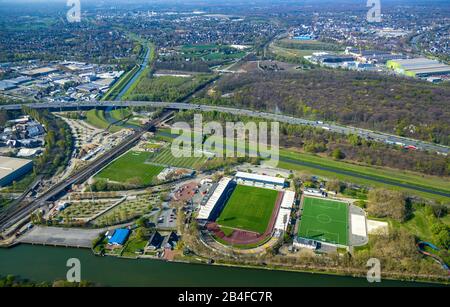 Aerial view of the football stadium Stadium Niederrhein SC Rot-Weiss Oberhausen eV, fan shop, sports and leisure facility SSB, TC Sterkrade 1869 eV in Oberhausen in the Ruhr area in the federal state of North Rhine-Westphalia, Germany. Stock Photo