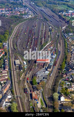 Aerial view of the freight yard Osterfeld in Oberhausen in the Ruhr area in the federal state North Rhine-Westphalia, Germany. Stock Photo