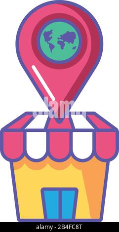 shop front with striped tent and map pin vector illustration design Stock Vector