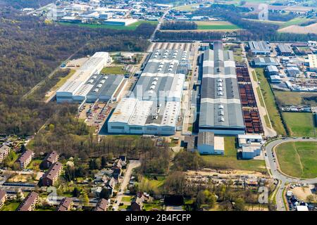 Aerial view of wind turbine builder Winergy in Voerde, Ruhrgebiet, North Rhine-Westphalia, Germany. The world's largest manufacturer of transmissions for wind turbines and part of the Siemens Group. Stock Photo