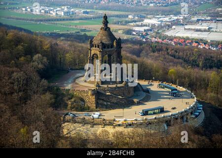 Aerial view of the monument Kaiser Wilhelm monument at the Porta Westfalica, Kaiser Wilhelm monument, Porta Westfalica, gate to Westphalia, in city Porta Westfalica, East Westphalia, North Rhine-Westphalia, Germany Stock Photo