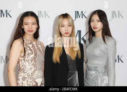 Los Angeles, California, USA. 3rd March, 2020. Models Duo Lan, Joy Fan, and Simeng Zhu attending the press conference where it was announced that JMK Modeling Media Academy was chosen as one of the model agencies for the new season of Los Angeles Fashion Week at iDream Space in the City of Industry, California on March 3, 2020.  Credit: Sheri Determan/Alamy.com Stock Photo
