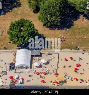 Aerial view of Strandbad at Baldeneysee Seaside Beach Baldeney with outdoor pool in Baldeneysee Sandy beach and lawn in Essen, Ruhrgebiet, North Rhine-Westphalia, Germany, Stock Photo