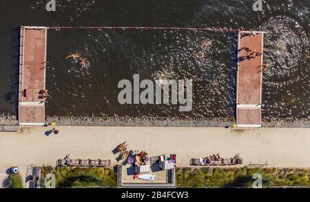 Aerial view of Strandbad at Baldeneysee Seaside Beach Baldeney with outdoor pool in Baldeneysee Sandy beach and lawn in Essen, Ruhrgebiet, North Rhine-Westphalia, Germany, Stock Photo