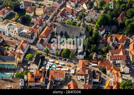Aerial view of downtown Werl with market square and church St. Walburga in Werl, Soester Börde, North Rhine-Westphalia, Germany, Werl, Stock Photo