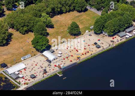 Aerial view of Strandbad at Baldeneysee Seaside Beach Baldeney with outdoor pool in Baldeneysee Sandy beach and lawn in Essen, Ruhrgebiet, North Rhine-Westphalia, Germany, Stock Photo