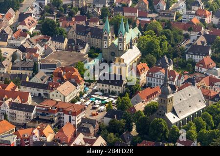 Aerial view of downtown Werl with market square and pilgrimage basilica in Werl, Soester Börde, North Rhine-Westphalia, Germany, Werl, Stock Photo