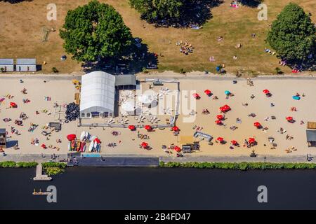 Aerial view of Strandbad at Baldeneysee Seaside Beach Baldeney with outdoor pool in Baldeneysee Sandy beach and lawn in Essen, Ruhrgebiet, North Rhine-Westphalia, Germany, Stock Photo