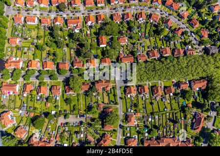 Aerial view of the historic miners' settlement, collieries, garden town Teutoburgia in Herne-Börnig in Herne in the Ruhr area in the federal state of North Rhine-Westphalia, Germany Stock Photo